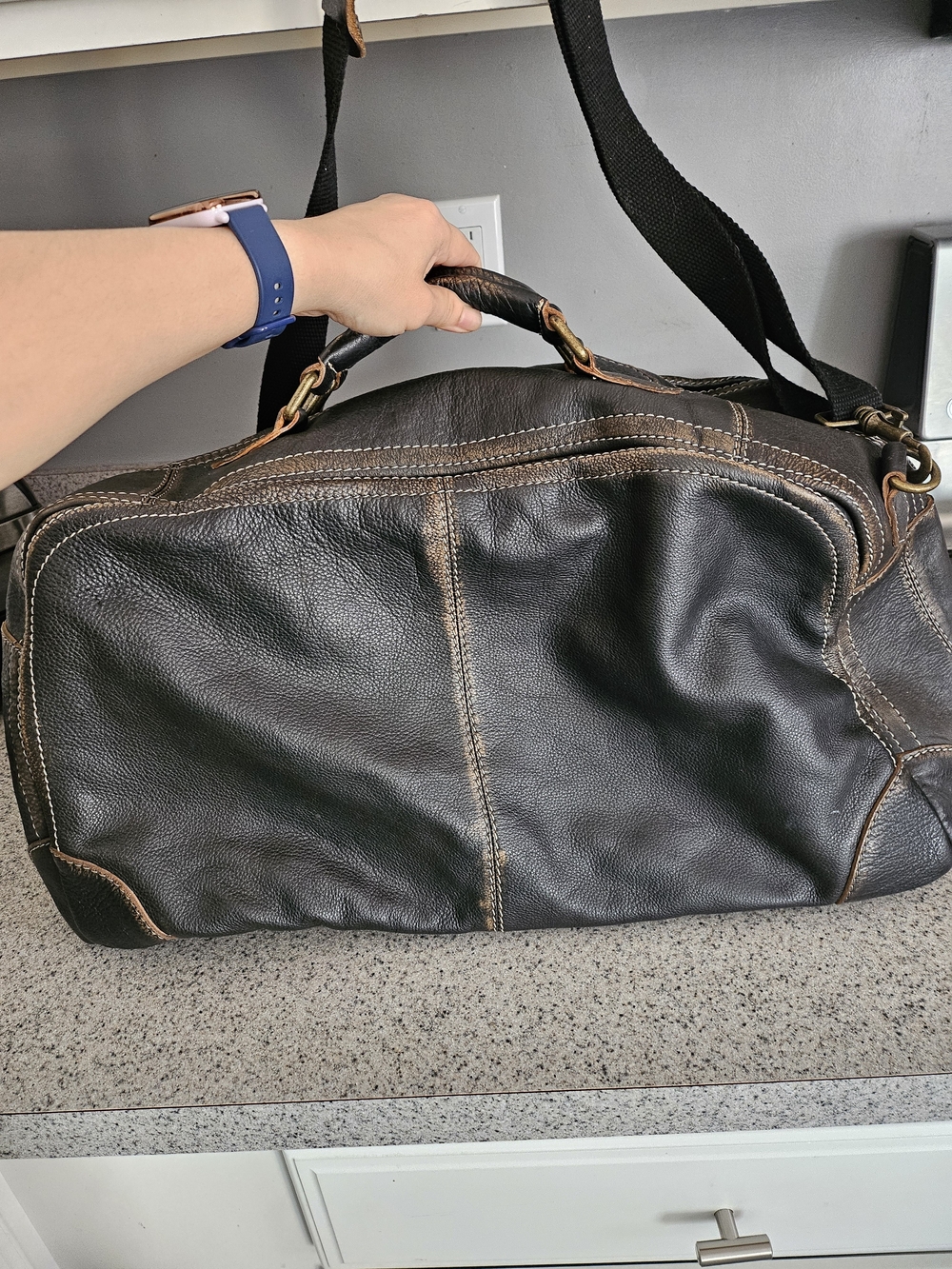 Black Rivet Black Leather Duffel with Brown Trim